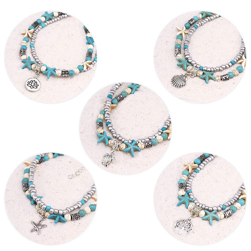 Suyi Sea Turtle Ankle Bracelet Set Multilayer Beach Anklets Handmade Boho Anklets for Women 5pcs - Image 4